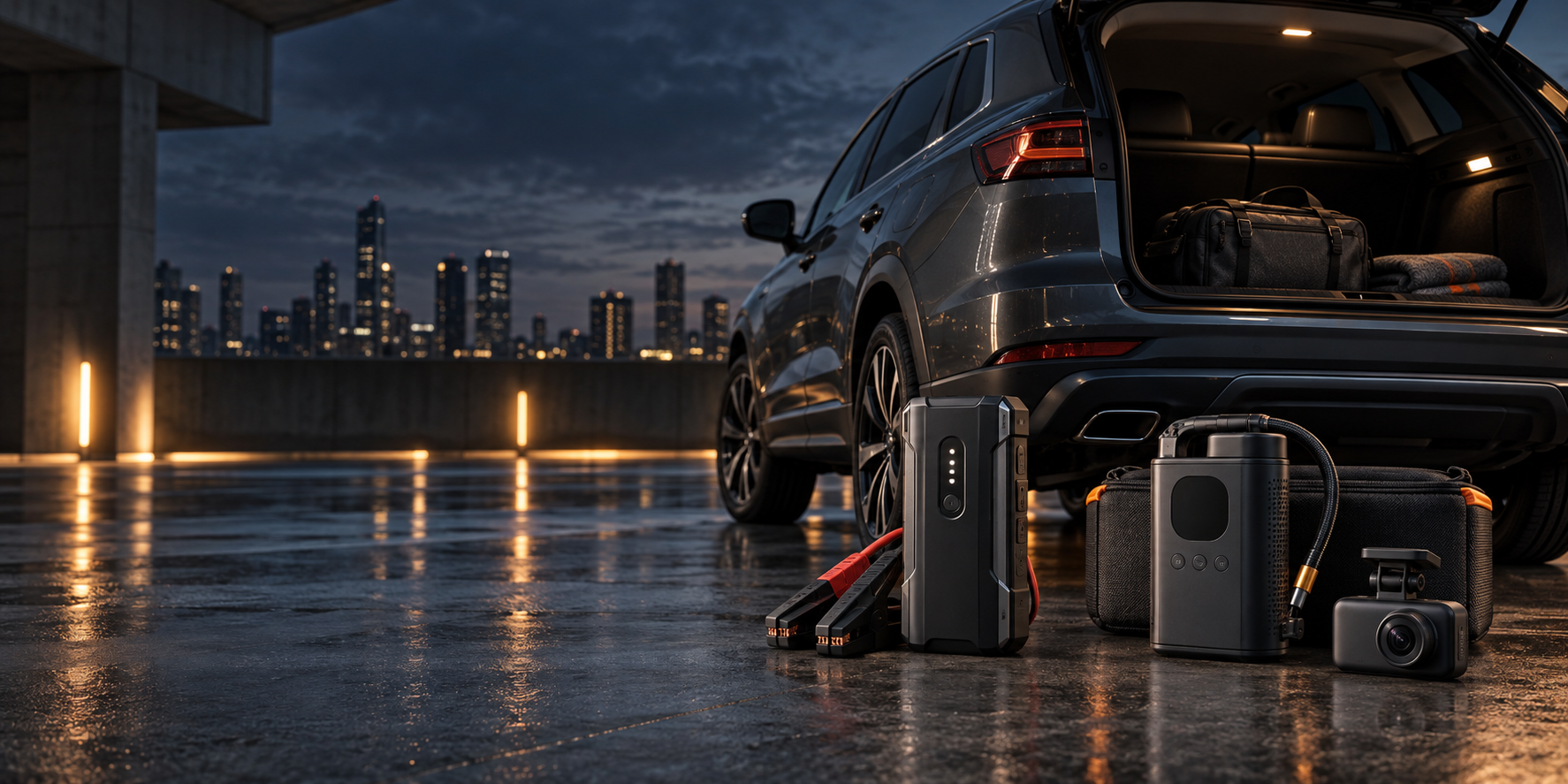 Premium roadside gear beside a dark SUV